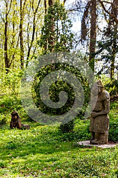 Ancient stone statue of the scythian warrior in Krasnokutsk park, Kharkiv region, Ukraine