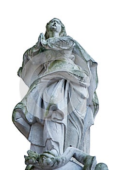 Ancient stone statue of Virgin Mary. Isolated on white background. Religion, faith, suffering and love concept