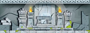 Ancient stone temple ruin, vector cartoon maya tomb interior background, history game illustration.