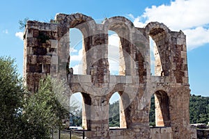 Ancient stone theater with marble steps of Odeon of Herodes Atticus on the southern slope of the Acropolis.