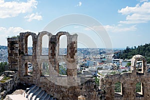 Ancient stone theater with marble steps of Odeon of Herodes Atticus on the southern slope of the Acropolis.