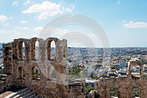 Ancient stone theater with marble steps of Odeon of Herodes Atticus on the southern slope of the Acropolis.