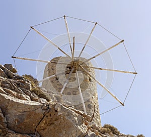 Ancient stone windmills Lassithi area, island Crete, Greece