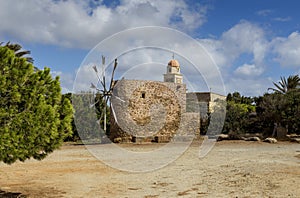 Ancient stone windmills Lassithi area, island Crete, Greece