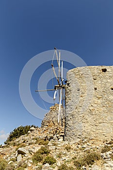 Ancient stone windmills Lassithi area, island Crete, Greece