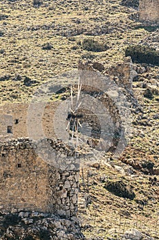 Ancient stone windmills Lassithi area, island Crete, Greece