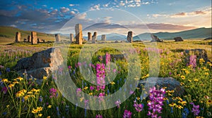 Ancient Stones Amidst Blooming Wildflowers