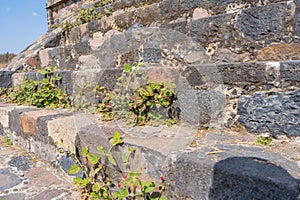 Ancient stones in Teotihuacan walls. Texture of stone. Travel photo, background.
