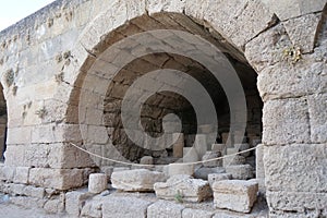 Ancient storage rooms with artifacts at the Acropolis of Lindos. Lindos, Rhodes island, Greece