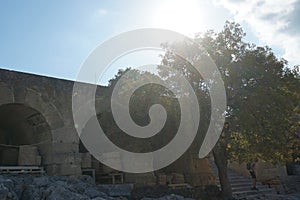 Ancient storage rooms with artifacts at the Acropolis of Lindos. Lindos, Rhodes island, Greece