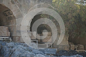 Ancient storage rooms with artifacts at the Acropolis of Lindos. Lindos, Rhodes island, Greece