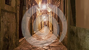 Ancient street of Syracuse Siracusa, Sarausa at night-- historic city in Sicily, Italy Ken burns effect
