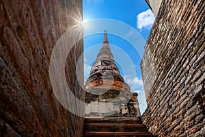 The ancient stupa of Wat Yai Chai Mongkol, the historical temple in Ayutthaya, Thailand