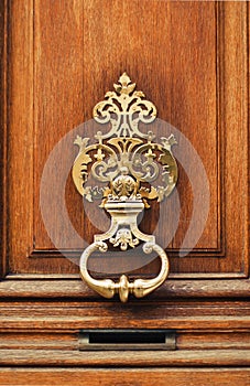 The ancient style carved knocker of the door