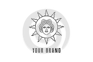 Ancient Sun with Greek God Apollo Head Face Logo Design Vector