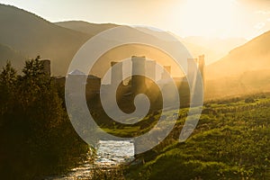 Ancient svan towers in morning light with in Georgia, Svaneti, Ushguli