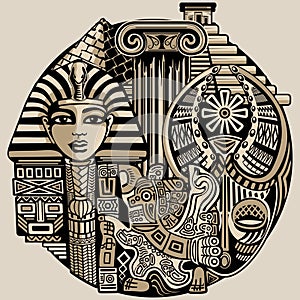 Ancient Symbols and Architecture, Egypt, Greece, Aztecs, Africa, Tribal Figures and Art Vector Round Illustration photo