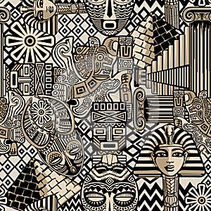 Ancient Symbols and Architecture, Egypt, Greece, Aztecs, Africa, Tribal Figures and Art Vector Seamless Pattern Illustration photo