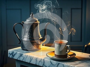 An ancient tea pot with a cup of warm tea