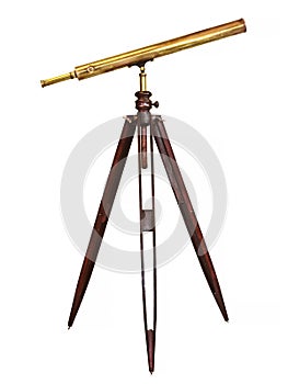 Ancient telescope with wooden tripod isolated on a white background