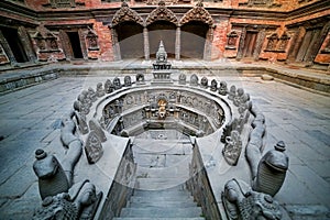 Ancient temple in the ancient city of Patan, Nepal. Patan Durbar Square premises.