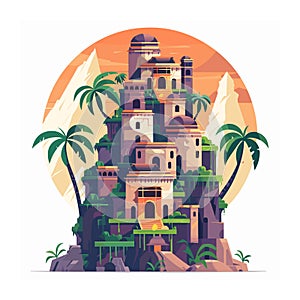 Ancient temple complex ensconced lush palms under setting sun. Stylized graphic ornate, multilevel