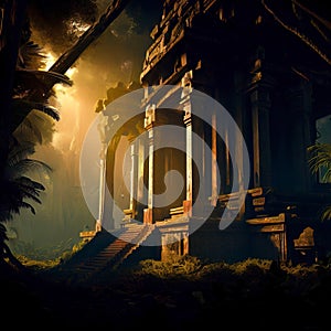 Ancient temple in dark jungle, old ruins in fantasy tropical forest. Surreal mystical fantasy artwork. Generative AI