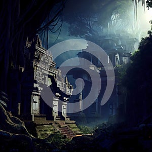 Ancient temple in dark jungle, old ruins in fantasy tropical forest. Surreal mystical fantasy artwork. Generative AI