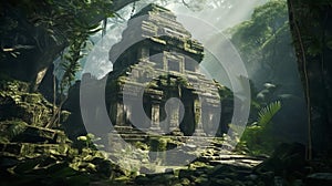 Ancient temple in dark jungle, old ruins in fantasy tropical forest. Surreal mystical fantasy artwork. Generative AI