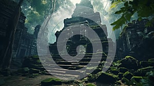 Ancient temple in dark jungle, old ruins in fantasy tropical forest. Surreal mystical fantasy artwork. Generative AI