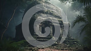 Ancient temple in dark jungle, old ruins in fantasy tropical forest. Surreal mystical fantasy artwork. Generative AI