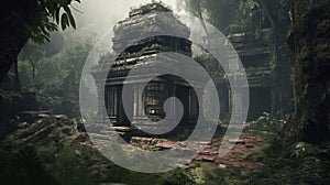 Ancient temple in dark jungle, old ruins in fantasy tropical forest. Surreal mystical fantasy artwork. Generative AI