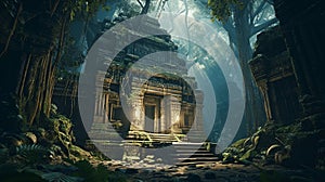 Ancient temple in dark jungle, old ruins in fantasy tropical forest. Surreal mystical fantasy artwork. Generative AI