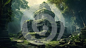 Ancient temple in dark jungle, old ruins in fantasy tropical forest. Surreal mystical fantasy artwork. Generative AI