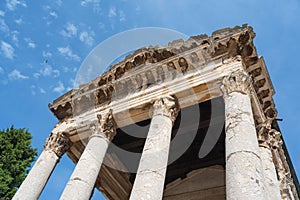 Ancient temple of Emperor Augustus with Corinthian Columns, Republic Square, Pula, Croatia