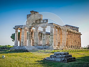 Ancient temple at famous Paestum Archaeological Site, Campania, Italy