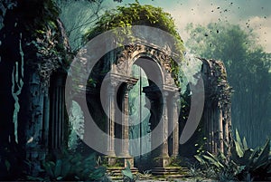 Ancient temple in jungle, old ruins in tropical forest and water, generative AI