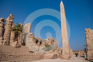 Ancient Temple of Karnak in Luxor - Ruined Thebes Egypt. Walls. obelisks and statutes at Karnak Temple. Temple of Amon-Ra