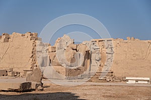 Ancient Temple of Karnak in Luxor - Ruined Thebes Egypt. Walls, obelisks and statutes at Karnak Temple. Temple of Amon-Ra