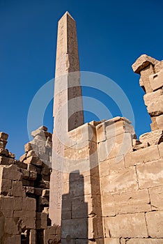 Ancient Temple of Karnak in Luxor - Ruined Thebes Egypt. Walls. obelisks and statutes at Karnak Temple. Temple of Amon-Ra