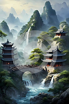 Ancient temple in the mountains, with a bridge across a stream, haze, waterfalls, trees, wildplants, Chinese painting art photo