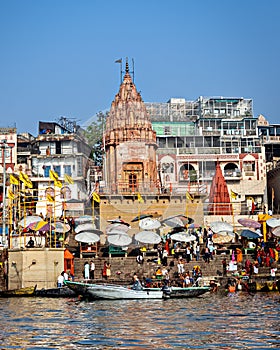 Ancient temple on Prayag ghat near Dashashwamedh ghat on bancks of river Ganges in Varanasi