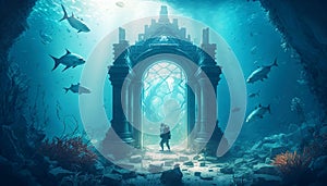 Ancient temple ruins underwater, old building on sea ground, generative AI