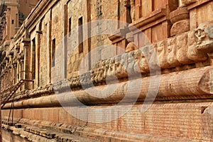 Dravidian styled stone wall designs in the ancient Brihadisvara Temple in Thanjavur, india.