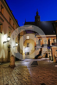 Ancient tenements in city center of Krakow, Poland