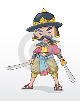 Ancient Thai warlord standing with dual sword illustration