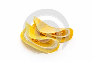 Ancient Thai Crispy pancake on white background, sweet dessert.