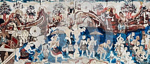 Ancient Thai Lanna style mural painting of the life of Buddha