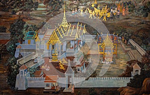 Ancient Thai mural painting of Ramakien or Ramayana epic on temple wall in Bangkok, Thailand