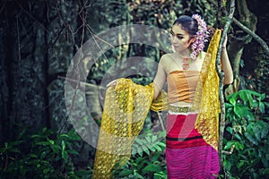 Ancient Thai Woman In Traditional Costume Of Thailand